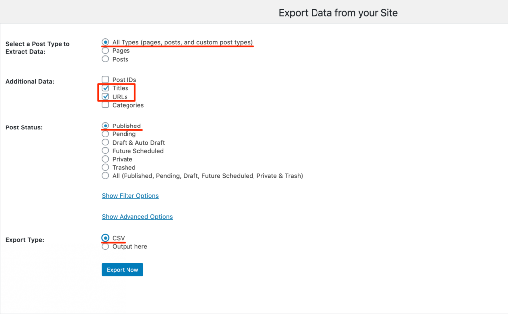 Export All URLsで全URLの取得設定